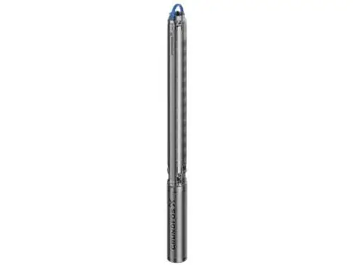 Unterwasserpumpe von Grundfos, zylindrisches Design in Silber mit einer blauen Dichtung oben. Die Pumpe hat eine glatte Oberfläche und ist für den Einsatz im Wasser konzipiert.